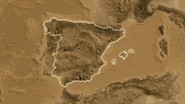 Close-up of the Spain border area on a sepia elevation map. Capital point. Glow around the country shape.