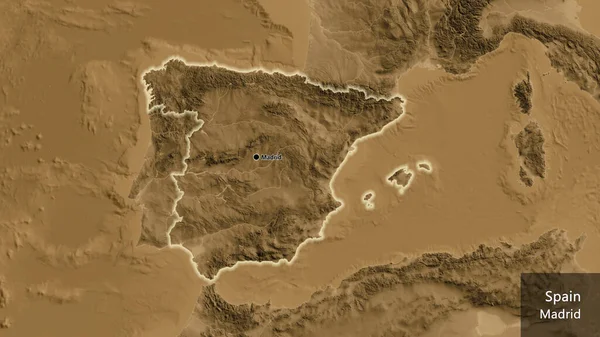 セピア標高地図上のスペイン国境地帯の閉鎖 資本ポイント 国の形の周りに光る 英名国とその首都 — ストック写真