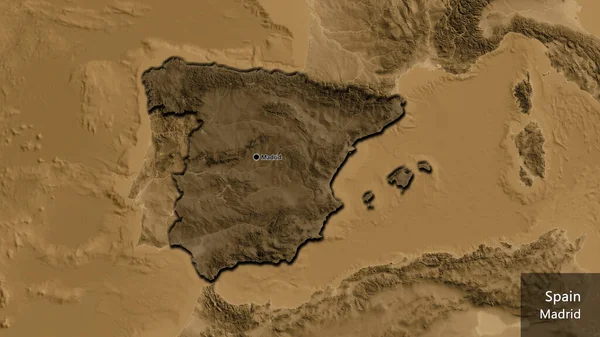 스페인 지역의 촬영은 세피아 Sepia 지도에 오버레이로 조명되고 국토의 가장자리를 — 스톡 사진