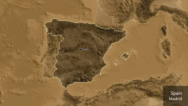 Close-up of the Spain border area highlighting with a dark overlay on a sepia elevation map. Capital point. Outline around the country shape. English name of the country and its capital