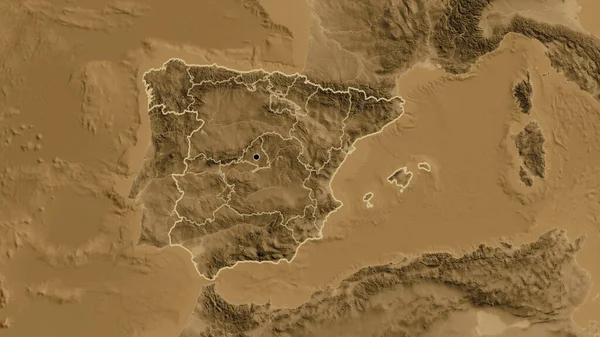 Крупный План Приграничной Зоны Испании Региональных Границ Карте Высоты Сепии — стоковое фото