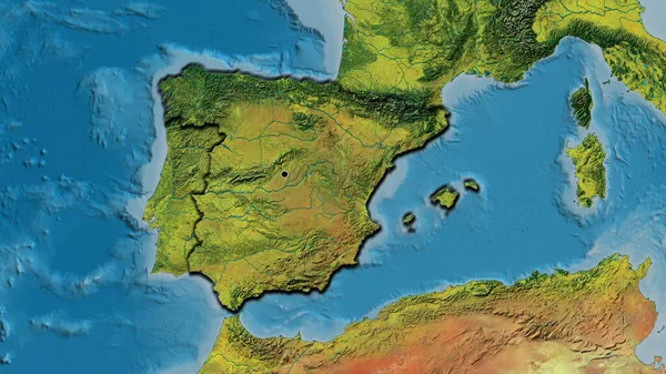 Close-up of the Spain border area on a topographic map. Capital point. Bevelled edges of the country shape.