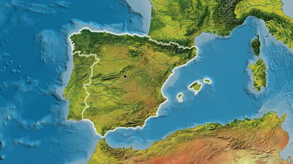 Närbild Det Spanska Gränsområdet Topografisk Karta Huvudpunkt Glow Runt Landet — Stockfoto