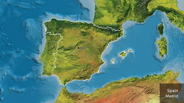 Close-up of the Spain border area on a topographic map. Capital point. Outline around the country shape. English name of the country and its capital
