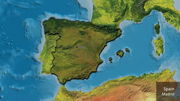 Close-up of the Spain border area highlighting with a dark overlay on a topographic map. Capital point. Bevelled edges of the country shape. English name of the country and its capital