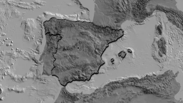 Close-up of the Spain border area on a bilevel map. Capital point. Bevelled edges of the country shape.