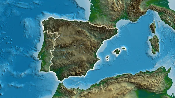 物理的な地図上の暗いオーバーレイで強調スペイン国境地域のクローズアップ 資本ポイント 全国に光る — ストック写真
