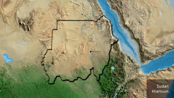 stock image Close-up of the Sudan border area on a satellite map. Capital point. Bevelled edges of the country shape. English name of the country and its capital