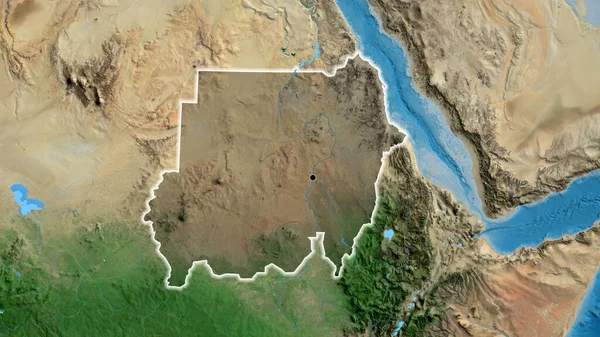 Närbild Sudans Gränsområde Med Ett Mörkt Överdrag Satellitkarta Huvudpunkt Glow — Stockfoto
