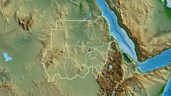 スーダン国境地域とその地域の境界線の物理的な地図上のクローズアップ 資本ポイント 全国の概要 — ストック写真