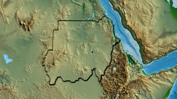 在一张实景地图上对苏丹边境地区进行的密切监视 资本点 国家形状的斜边 — 图库照片
