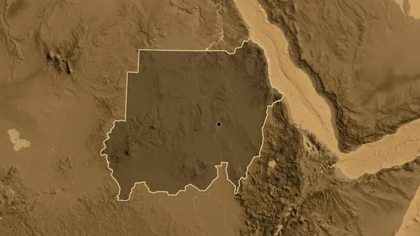 Närbild Sudans Gränsområde Som Belyser Med Ett Mörkt Överdrag Sepiahöjdskarta — Stockfoto