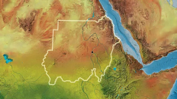 在一张地形图上对苏丹边境地区进行密切监视 资本点 风靡全国 — 图库照片