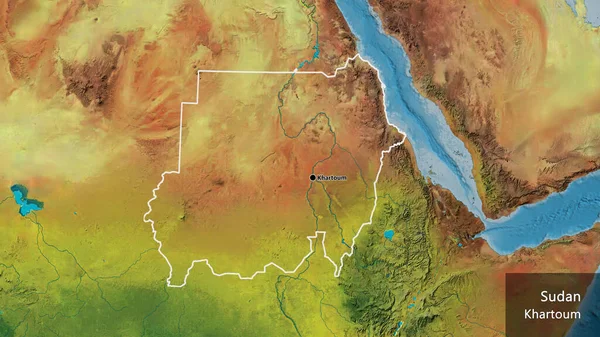 Plano Perto Zona Fronteiriça Sudão Num Mapa Topográfico Ponto Capital — Fotografia de Stock