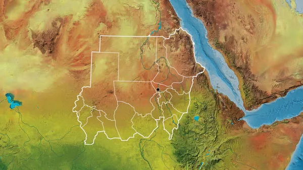 在地形图上对苏丹边境地区及其区域边界进行密切监视 资本点 国家形貌概述 — 图库照片