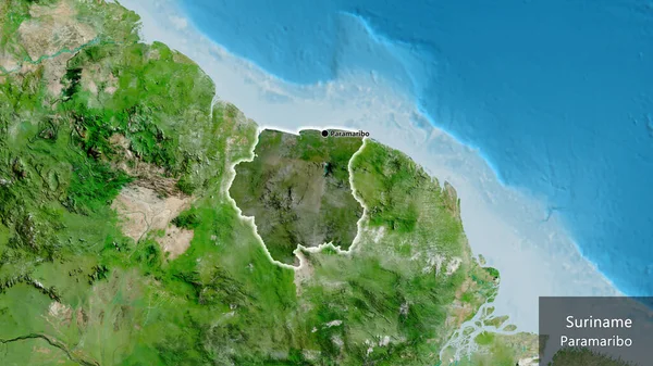 Zbliżenie Strefy Przygranicznej Surinamu Ciemną Nakładką Zdjęciu Satelitarnym Główny Punkt — Zdjęcie stockowe