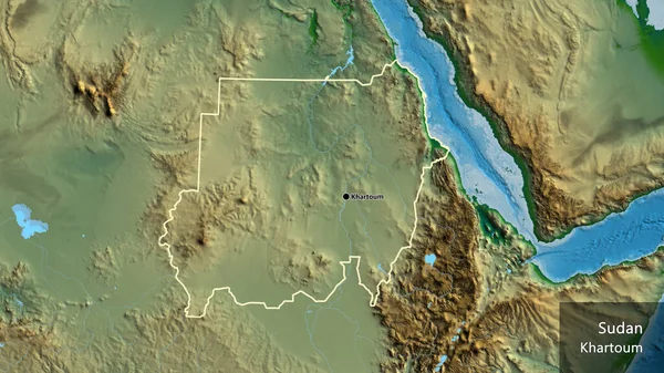 物理的な地図上のスーダン国境地域のクローズアップ 資本ポイント 国の形の周りの概要 英名国とその首都 — ストック写真