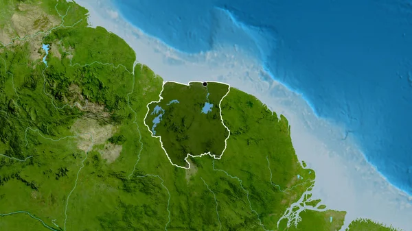 人工衛星地図上の暗いオーバーレイで強調スリナム境界領域のクローズアップ 資本ポイント 全国の概要 — ストック写真