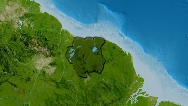 Närbild Surinam Gränsområdet Belyser Med Mörk Överlagring Satellitkarta Huvudpunkt Skalade — Stockfoto