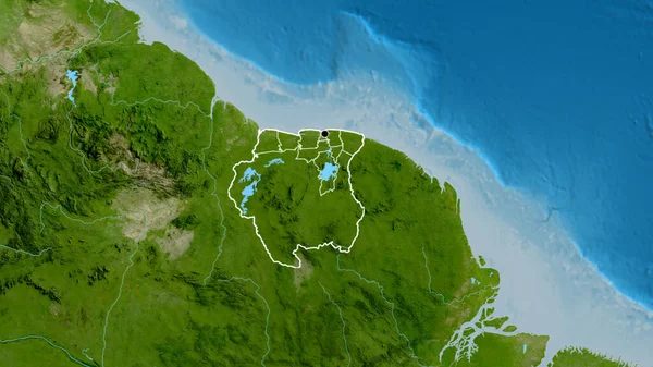 スリナム国境地域の閉鎖と衛星地図上のその地域の境界線 資本ポイント 全国の概要 — ストック写真
