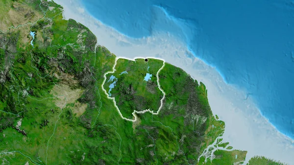 Närbild Surinams Gränsområde Satellitkarta Huvudpunkt Glow Runt Landet Form — Stockfoto