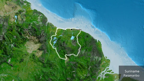 Närbild Surinams Gränsområde Satellitkarta Huvudpunkt Glow Runt Landet Form Landets — Stockfoto