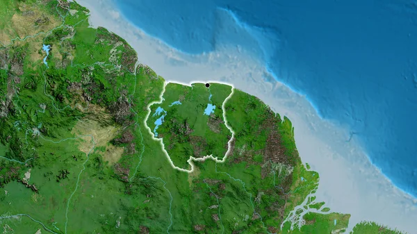 衛星地図上のスリナム国境付近の閉鎖 資本ポイント 全国に光る — ストック写真