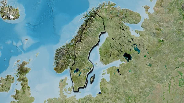 Nahaufnahme Des Grenzgebiets Schweden Auf Einer Satellitenkarte Kapitalpunkt Abgeschrägte Ränder — Stockfoto
