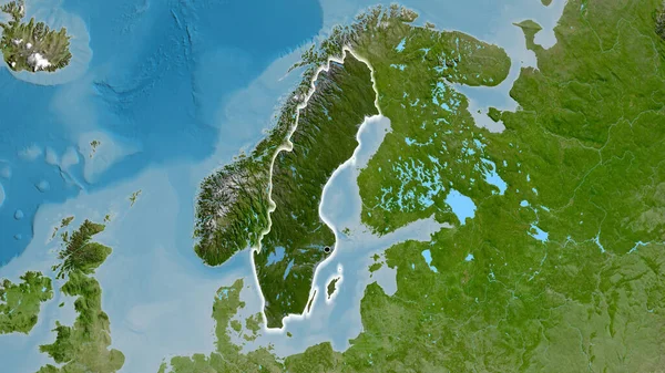 Närbild Sveriges Gränsområde Med Mörk Överlagring Satellitkarta Huvudpunkt Glow Runt — Stockfoto