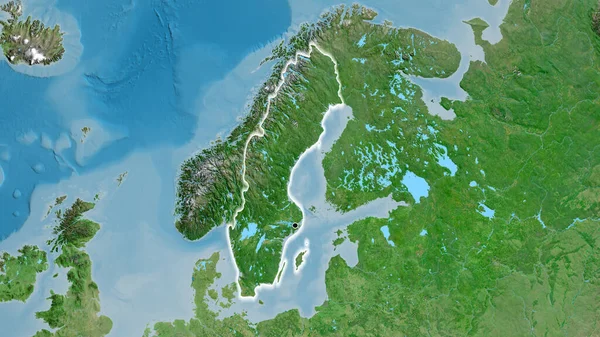 Nahaufnahme Des Grenzgebiets Schweden Auf Einer Satellitenkarte Kapitalpunkt Glühen Ganzen — Stockfoto