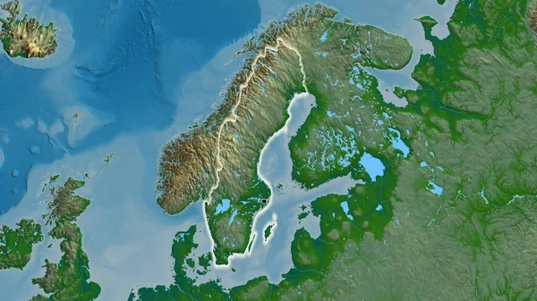 Närbild Sveriges Gränsområde Fysisk Karta Huvudpunkt Glow Runt Landet Form — Stockfoto