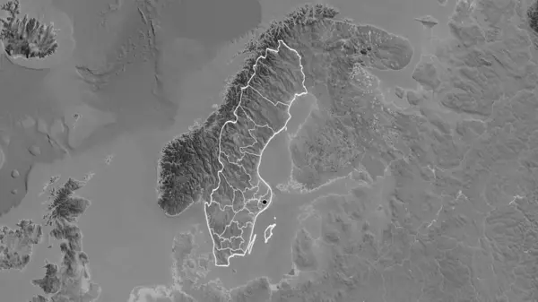 スウェーデン国境地域の閉鎖とグレースケールの地図上のその地域の境界線 資本ポイント 全国の概要 — ストック写真