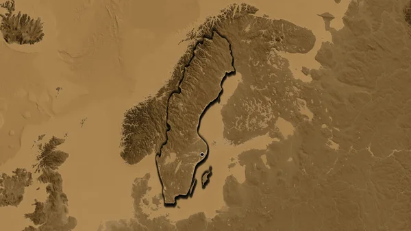 セピア標高地図上のスウェーデン国境地帯の閉鎖 資本ポイント 国の形の縁が隠されている — ストック写真