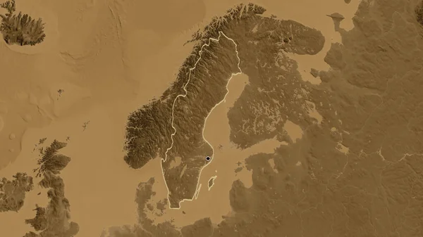 セピア標高地図上のスウェーデン国境地帯の閉鎖 資本ポイント 全国の概要 — ストック写真