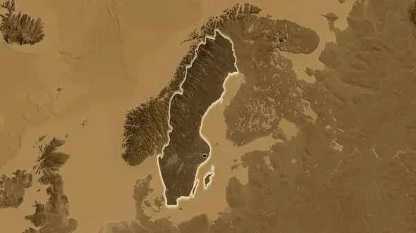Närbild Sveriges Gränsområde Med Ett Mörkt Överdrag Sepiahöjdskarta Huvudpunkt Glow — Stockfoto
