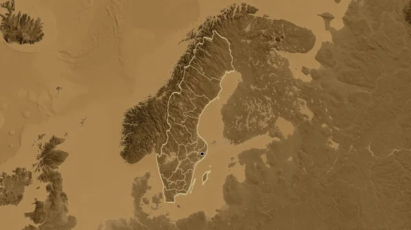 Крупный План Приграничной Зоны Швеции Региональных Границ Карте Высоты Сепии — стоковое фото