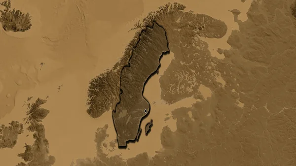 瑞典边境地区的特写镜头 用黑色的阴影覆盖在黑色的高程地图上 资本点 国家形状的斜边 — 图库照片
