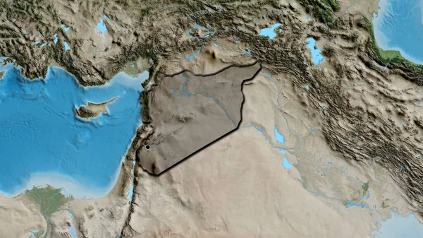 衛星地図上の暗いオーバーレイで強調シリア国境地域のクローズアップ 資本ポイント 国の形の縁が隠されている — ストック写真