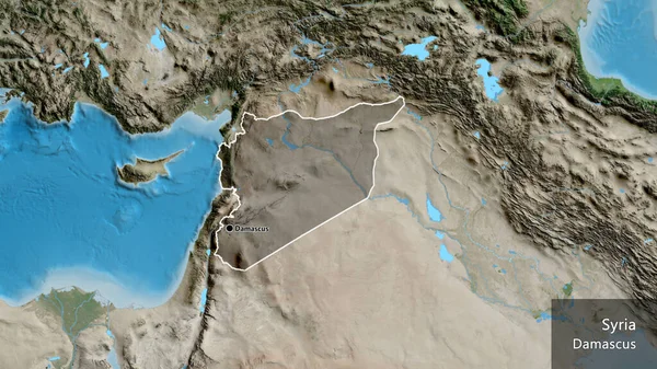 시리아 지역의 촬영은 지도에 오버레이로 표시되어 국가의 모양을 중심으로 나라의 — 스톡 사진