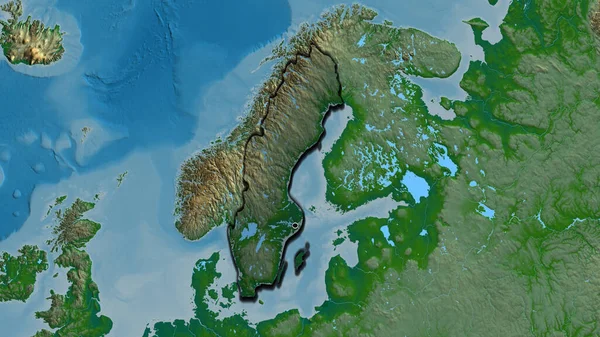 瑞典边境地区的特写镜头 用一张地形图上的黑暗阴影突出显示出来 资本点 国家形状的斜边 — 图库照片