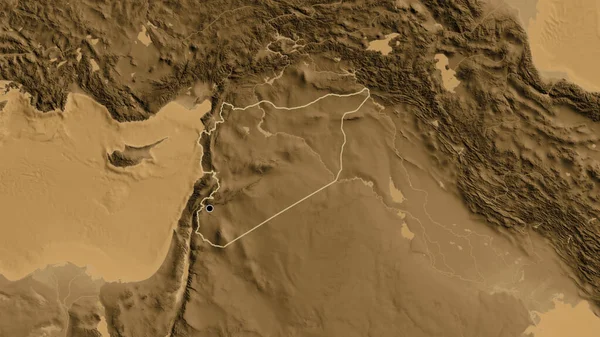 Närbild Syriens Gränsområde Karta Över Sepiahöjder Huvudpunkt Skissera Runt Landet — Stockfoto