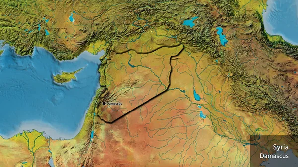 地形図上のシリア国境地域の閉鎖 資本ポイント 国の形の縁が隠されています 英名国とその首都 — ストック写真