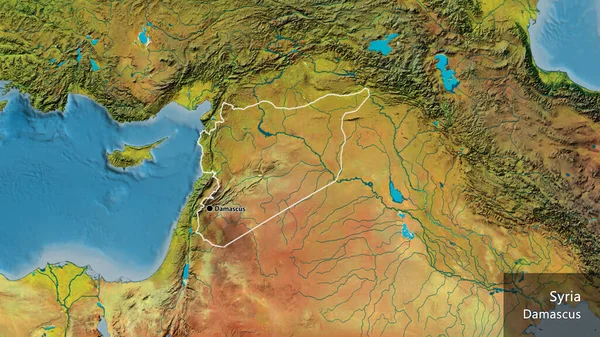 Close-up of the Syria border area on a topographic map. Capital point. Outline around the country shape. English name of the country and its capital