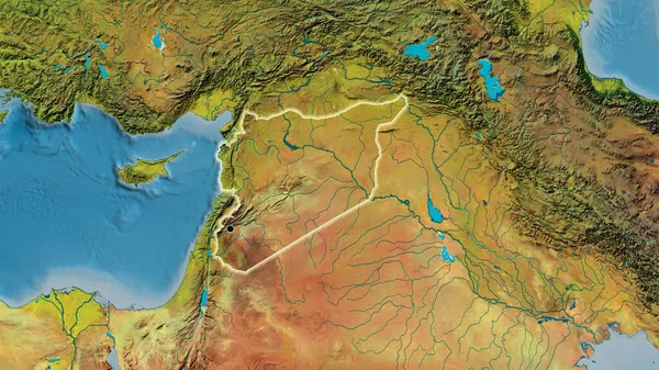 Närbild Syriens Gränsområde Topografisk Karta Huvudpunkt Glow Runt Landet Form — Stockfoto