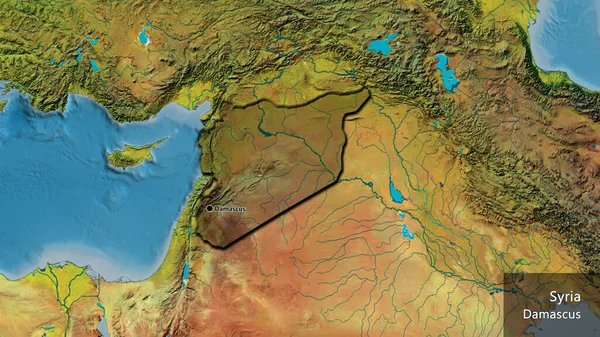 Close-up of the Syria border area highlighting with a dark overlay on a topographic map. Capital point. Bevelled edges of the country shape. English name of the country and its capital