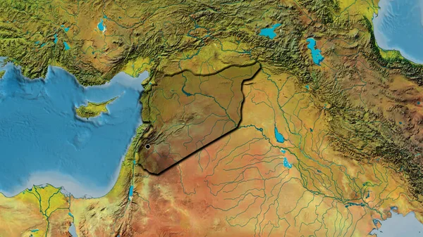 Close-up of the Syria border area highlighting with a dark overlay on a topographic map. Capital point. Bevelled edges of the country shape.