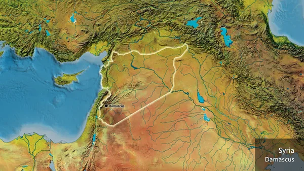 Close-up of the Syria border area on a topographic map. Capital point. Glow around the country shape. English name of the country and its capital