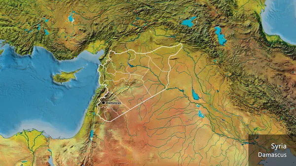 Stock image Close-up of the Syria border area and its regional borders on a topographic map. Capital point. Outline around the country shape. English name of the country and its capital