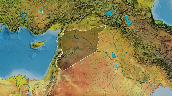 叙利亚边境地区的特写镜头突出显示了地形图上的黑暗覆盖 资本点 国家形貌概述 — 图库照片
