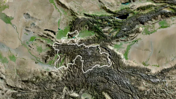 Närbild Tadzjikistans Gränsområde Satellitkarta Huvudpunkt Glow Runt Landet Form — Stockfoto